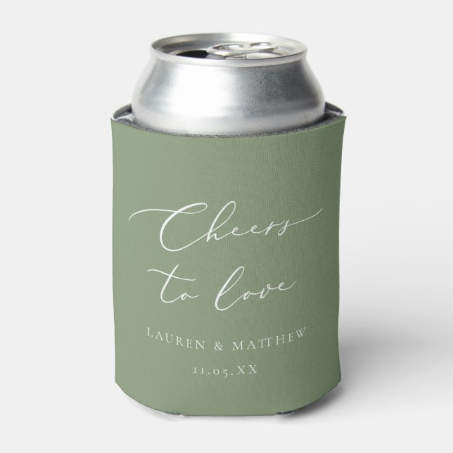 Calligraphy Cheers to Love Sage Green Wedding Can Cooler (Can Front)