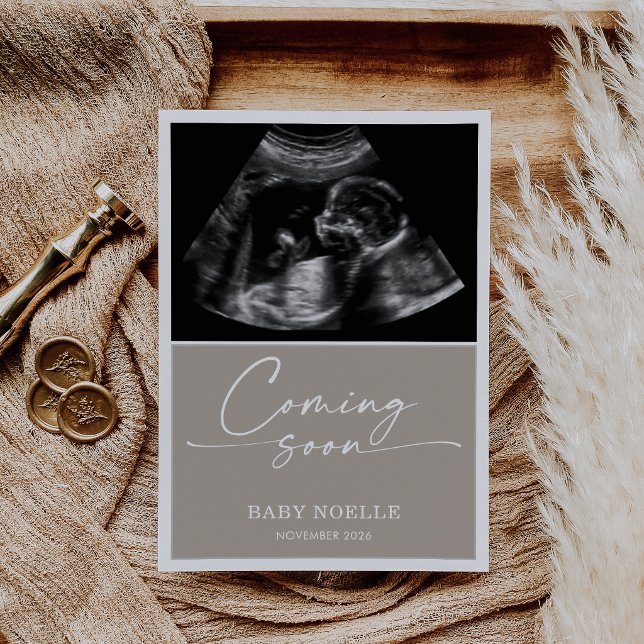 Calligraphy Chic Taupe Coming Soon Pregnancy Card (Creator Uploaded)