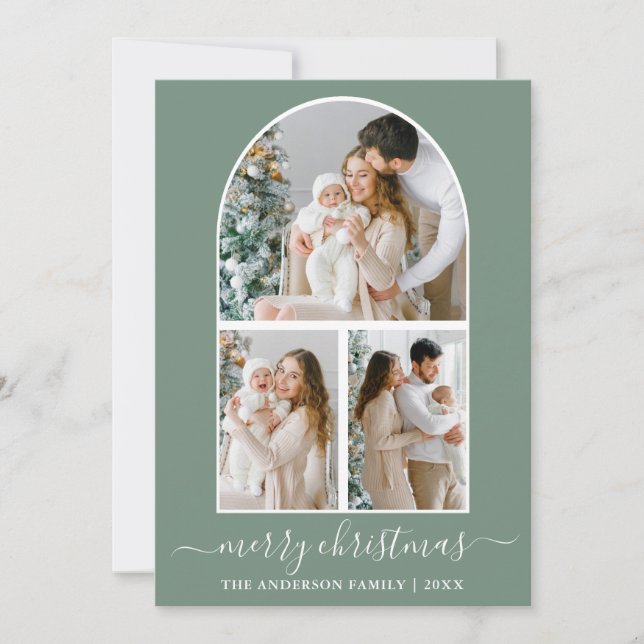 Calligraphy Christmas 3 Photo Arch Sage Green Holiday Card (Front)