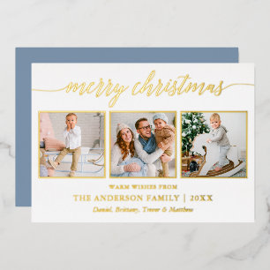 Calligraphy Christmas 3 Photo Dusty Blue Gold Foil Holiday Card