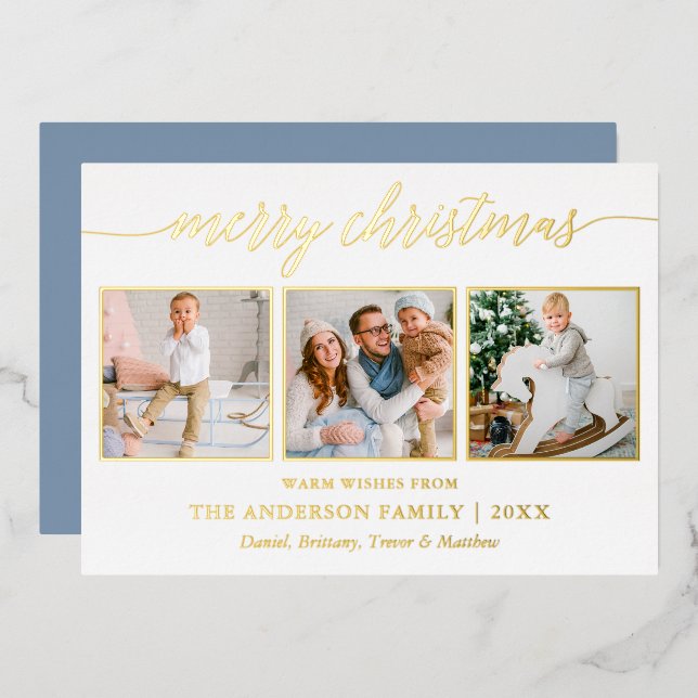 Calligraphy Christmas 3 Photo Dusty Blue Gold Foil Holiday Card (Front/Back)