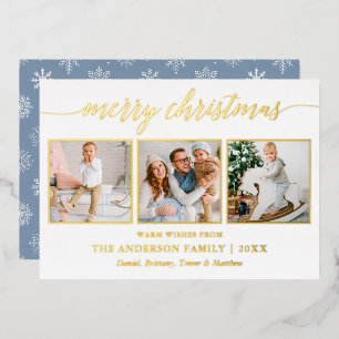 Calligraphy Christmas Dusty Blue 3 Photo Gold Foil Holiday Card