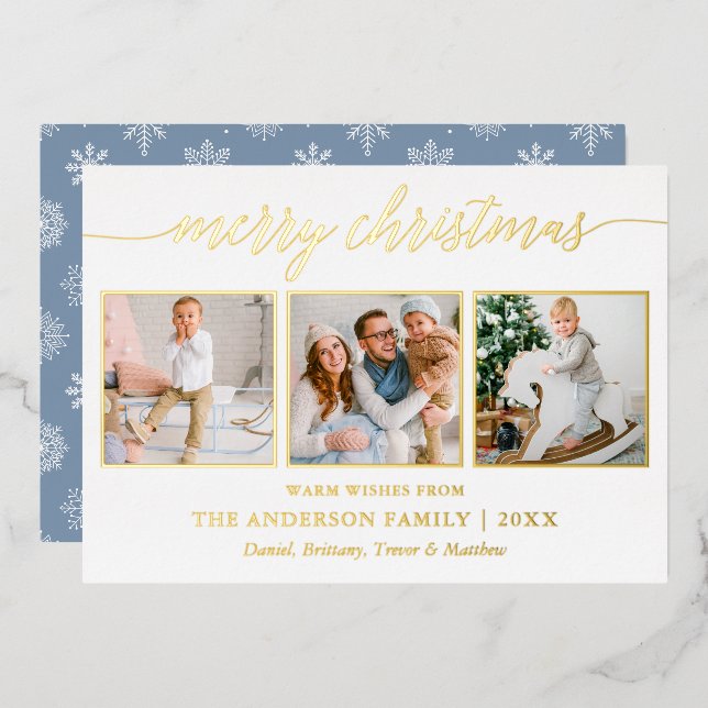 Calligraphy Christmas Dusty Blue 3 Photo Gold Foil Holiday Card (Front/Back)