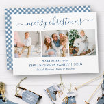 Calligraphy Christmas Dusty Blue Gingham 3 Photo Holiday Card<br><div class="desc">Modern Trendy Calligraphy Script 3 Photo Family Photo Collage Merry Christmas Card - Dusty Blue and White Gingham Plaid</div>