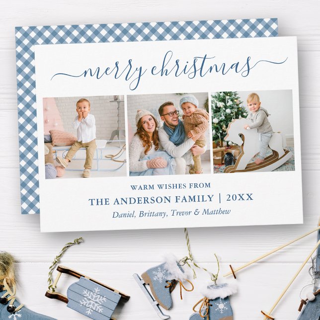 Calligraphy Christmas Dusty Blue Gingham 3 Photo Holiday Card (Customize to change text size, style or color.)