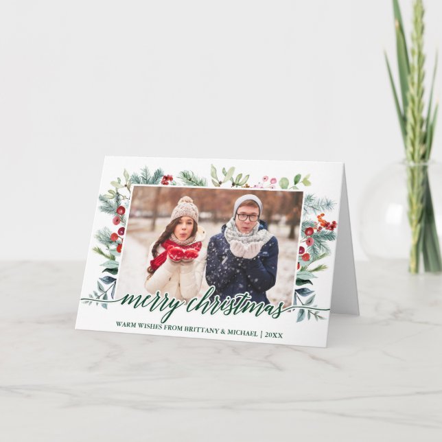 Calligraphy Christmas Greenery Couple Fold Green Holiday Card (Front)