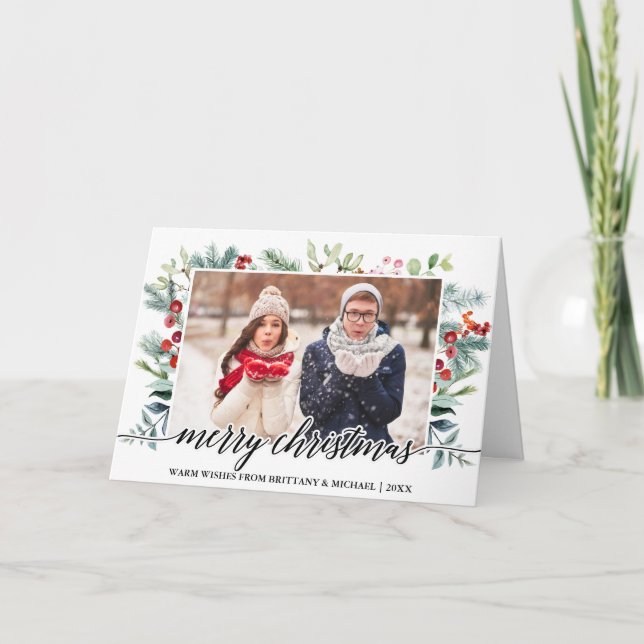 Calligraphy Christmas Greenery Couple Photo Fold Holiday Card (Front)