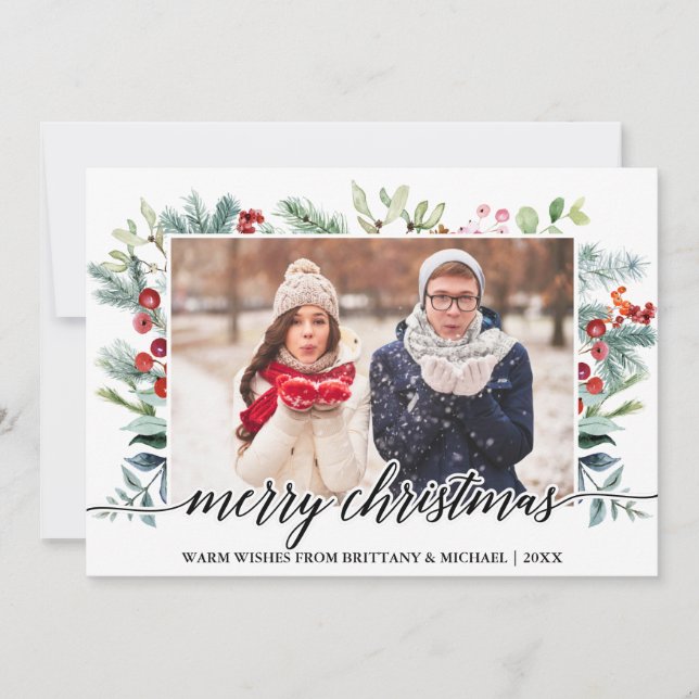 Calligraphy Christmas Greenery Couple Photo Holiday Card (Front)