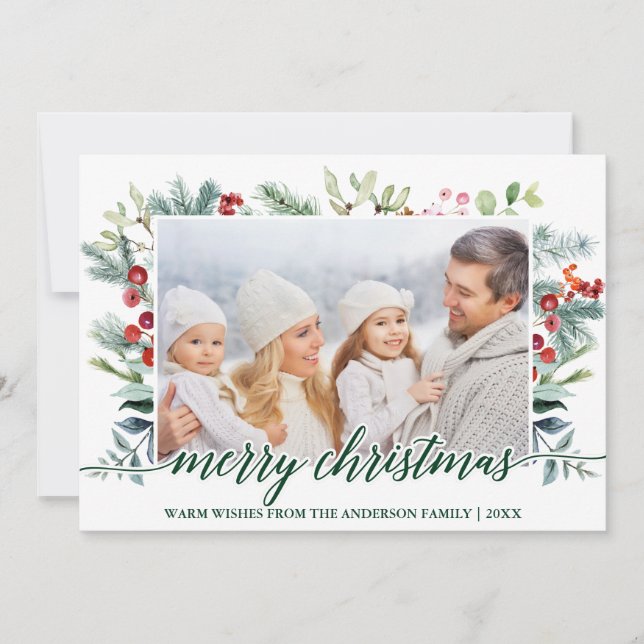 Calligraphy Christmas Greenery Family Photo Green Holiday Card (Front)
