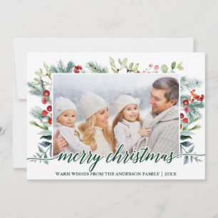 Calligraphy Christmas Greenery Family Photo Green Holiday Card