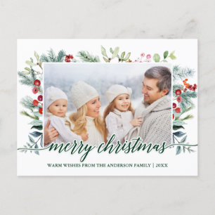 Calligraphy Christmas Greenery Family Photo Green Postcard