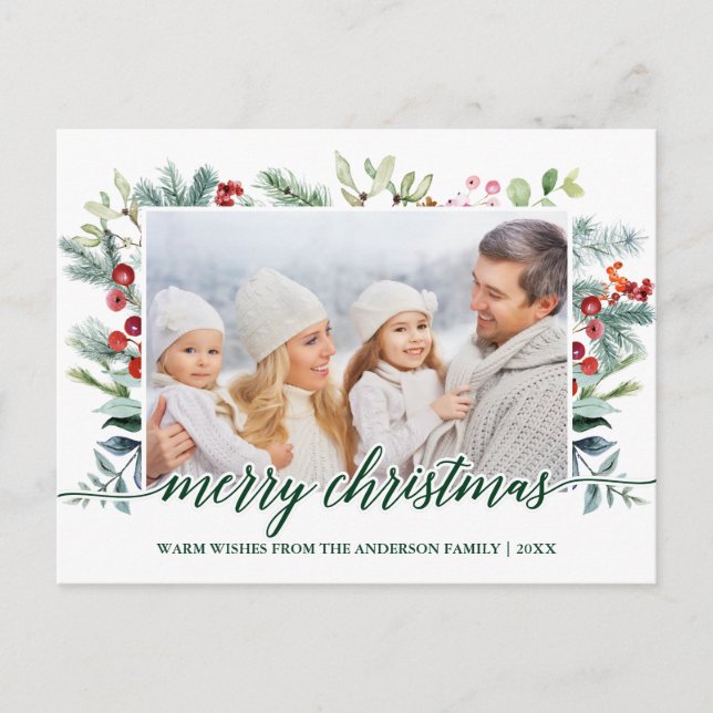 Calligraphy Christmas Greenery Family Photo Green Postcard (Front)