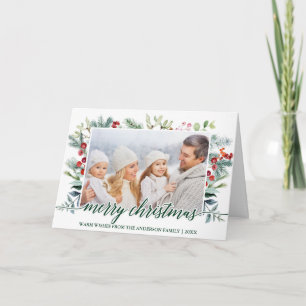 Calligraphy Christmas Greenery Photo Green Fold Holiday Card