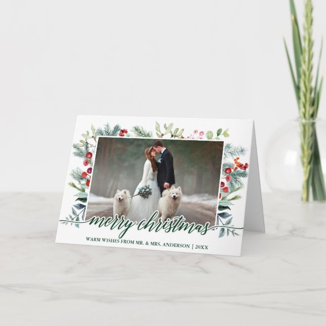 Calligraphy Christmas Greenery Wedding Fold Green Holiday Card (Front)