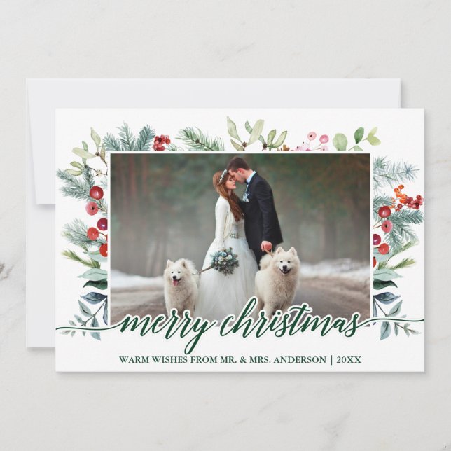 Calligraphy Christmas Greenery Wedding Photo Green Holiday Card (Front)