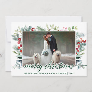 Calligraphy Christmas Greenery Wedding Photo Green Holiday Card