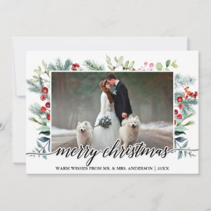 Calligraphy Christmas Greenery Wedding Photo Holiday Card