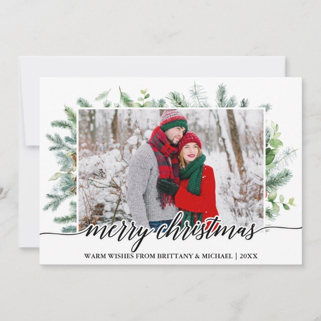 Calligraphy Christmas Pine Greenery Couple Photo Holiday Card (Front)