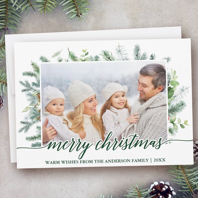 Calligraphy Christmas Pine Greenery Photo Holiday Card (Customize to change your personalized text size or text style.)