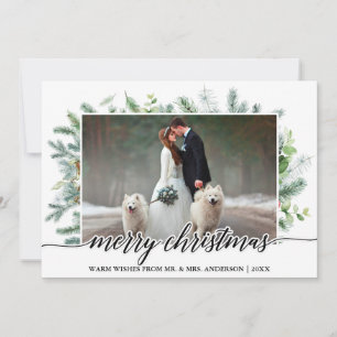 Calligraphy Christmas Pine Greenery Wedding Photo Holiday Card