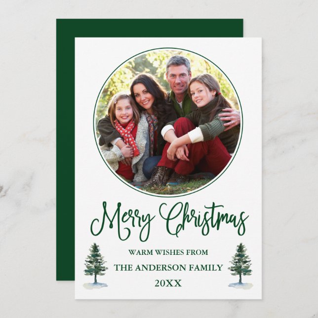 Calligraphy Christmas Round Photo Frame Green Pine Holiday Card (Front/Back)