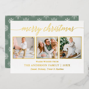 Calligraphy Christmas Sage Green 3 Photo Gold Foil Holiday Card