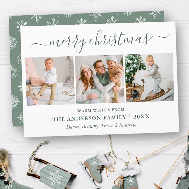Calligraphy Christmas Snowflake Sage Green 3 Photo Holiday Card (Customize to change text size, style or color.)