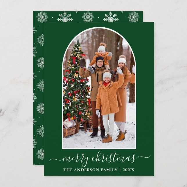 Calligraphy Christmas Snowflakes Photo Arch Green Holiday Card (Front/Back)