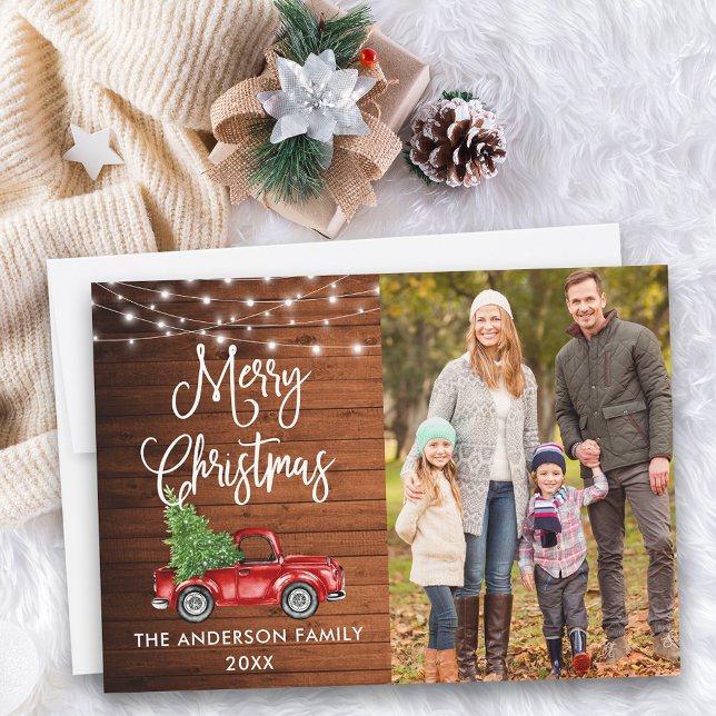 Calligraphy Christmas Truck Photo Wood Lights Holiday Card (Customize to add text to back of card.)