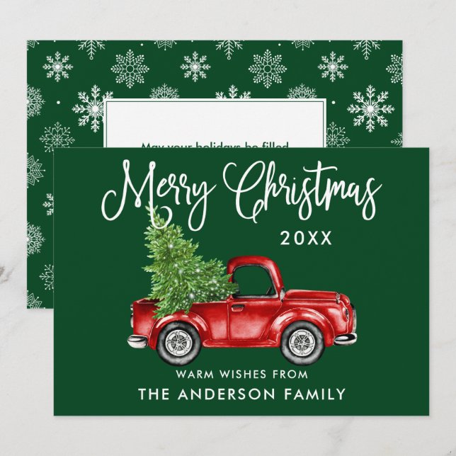 Calligraphy Christmas Truck Snowflakes Green Holiday Card (Front/Back)
