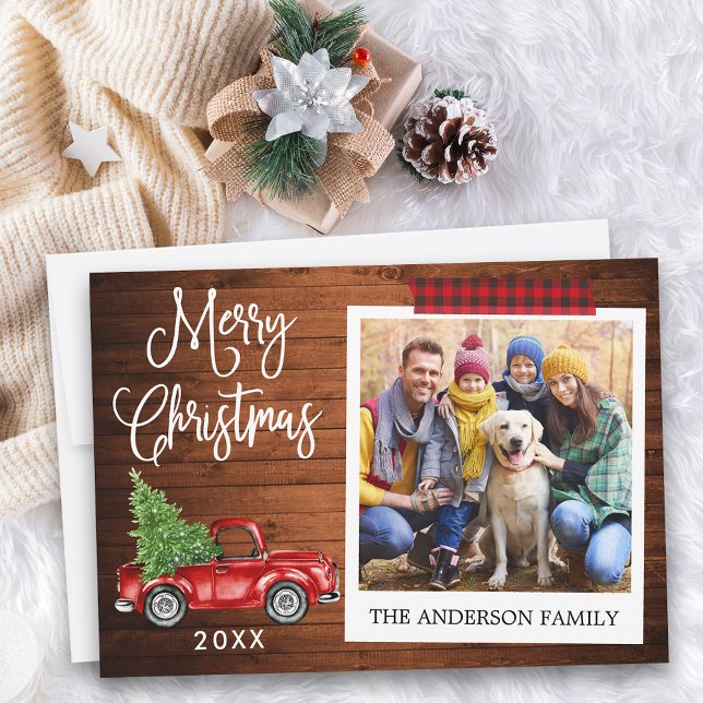 Calligraphy Christmas Truck Wood Plaid Craft Tape Holiday Card (Customize to add text to back of card.)