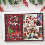 Calligraphy Christmas Vintage Truck 2 Photo Plaid Holiday Card<br><div class="desc">Modern Fun Calligraphy Script Merry Christmas 2 Photo Holiday Card - Watercolor Vintage Red Truck with Christmas Tree on Red Buffalo Plaid</div>