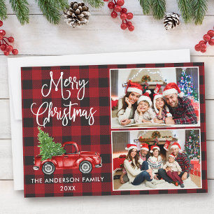 Calligraphy Christmas Vintage Truck 2 Photo Plaid Holiday Card