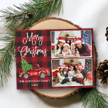 Calligraphy Christmas Vintage Truck 2 Photo Plaid Postcard<br><div class="desc">Modern Fun Calligraphy Script Merry Christmas 2 Photo Holiday Postcard - Watercolor Vintage Red Truck with Christmas Tree on Red Buffalo Plaid</div>