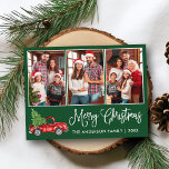 Calligraphy Christmas Vintage Truck 3 Photo Green Postcard<br><div class="desc">Modern Fun Calligraphy Script Merry Christmas 3 Photo Holiday Postcard - Watercolor Vintage Red Truck with Christmas Tree - Forest Green background</div>