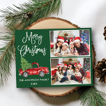 Calligraphy Christmas Vintage Truck Green 2 Photo Postcard<br><div class="desc">Modern Fun Calligraphy Script Merry Christmas 2 Photo Holiday Postcard - Watercolor Vintage Red Truck with Christmas Tree - Forest Green background</div>