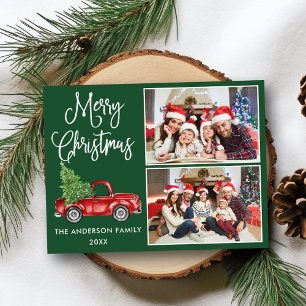 Calligraphy Christmas Vintage Truck Green 2 Photo Postcard