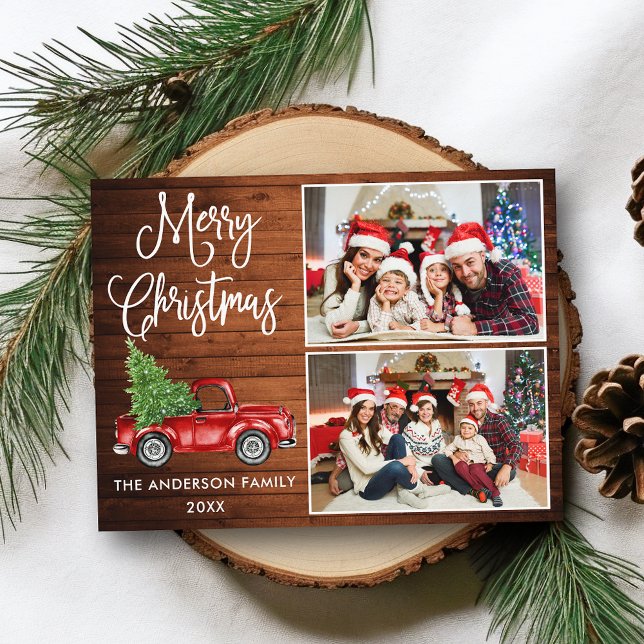 Calligraphy Christmas Vintage Truck Wood 2 Photo  Postcard (Customize to change your personalized text size or text style.)