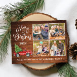 Calligraphy Christmas Vintage Truck Wood 4 Photo Postcard<br><div class="desc">Modern Fun Calligraphy Script Merry Christmas 4 Photo Holiday Postcard - Watercolor Vintage Red Truck with Christmas Tree on Rustic Country Wood</div>