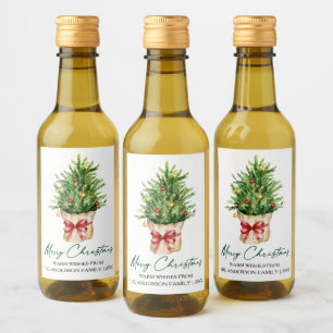 Calligraphy Christmas Watercolor Pine Red Bow Mini Wine Label