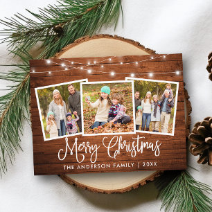 Calligraphy Christmas Wood String Lights 3 Photo Postcard