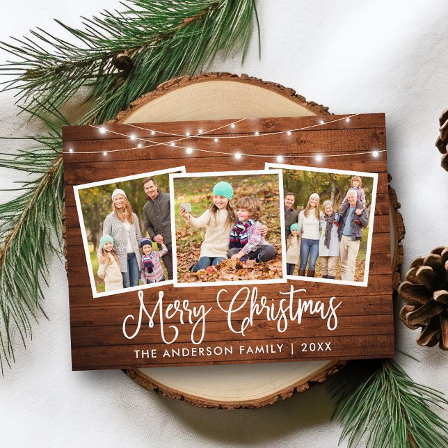 Calligraphy Christmas Wood String Lights 3 Photo Postcard (Customize to change your personalized text size or text style.)