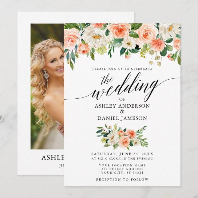Calligraphy Coral Floral Photo Wedding Invitation (Front/Back)