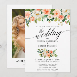 Calligraphy Coral Floral Photo Wedding Invitation