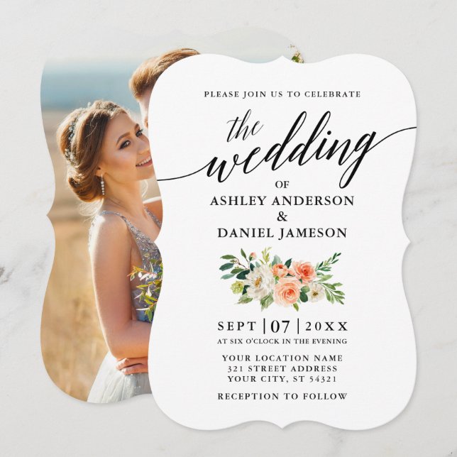 Calligraphy Coral Floral Photo Wedding Invitation (Front/Back)