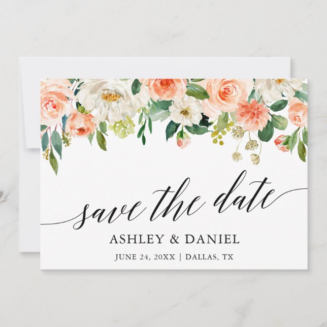 Calligraphy Coral Floral Save The Date Card (Front)