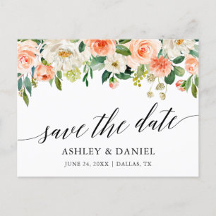 Calligraphy Coral Floral Save The Date Postcard