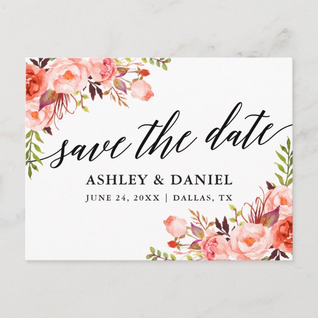 Calligraphy Coral Floral Save The Date Postcard (Front)
