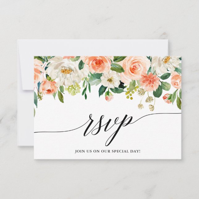 Calligraphy Coral Floral Wedding RSVP Card (Front)