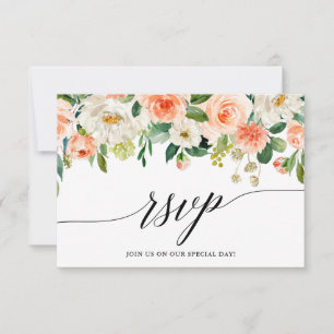 Calligraphy Coral Floral Wedding RSVP Card